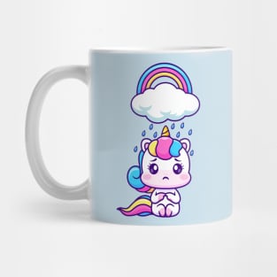 Cute Sad Unicorn Sitting Under Rain Cloud With Rainbow Cartoon Mug